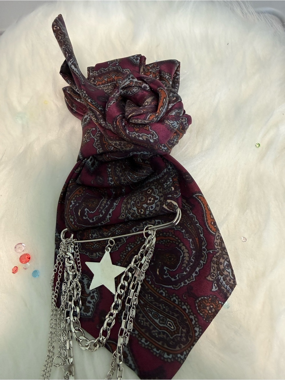 Silk-Feel Paisley Scarf with Star Chain Brooch - Burgundy